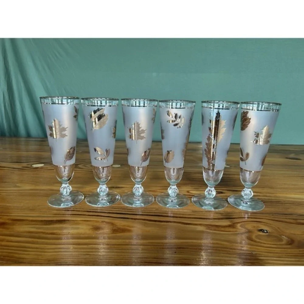6-PC Vintage Libbey‎ Golden Foilage Pilsner Footed Glasses MCM